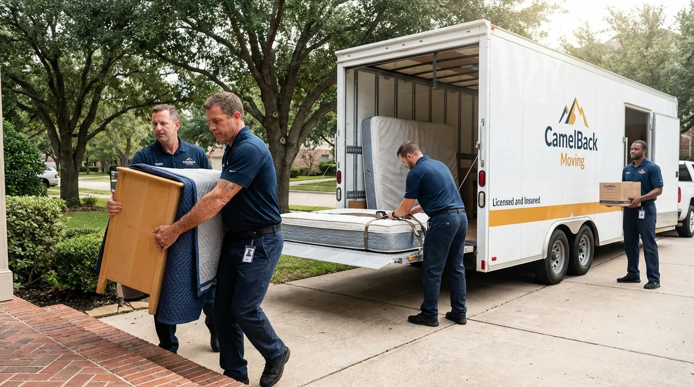 Crew loading residential truck for cross-state move from Chester, IL