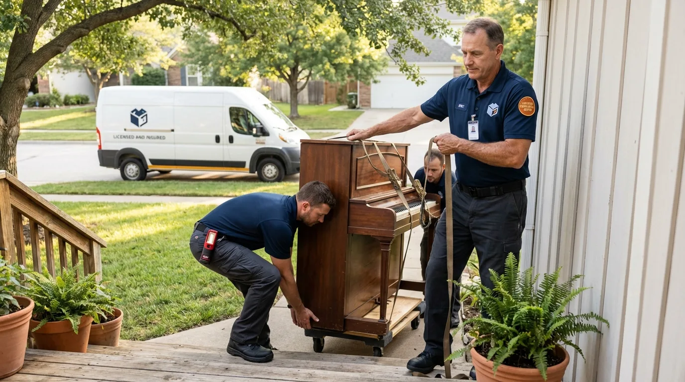Licensed piano movers securing grand piano in Chester, IL
