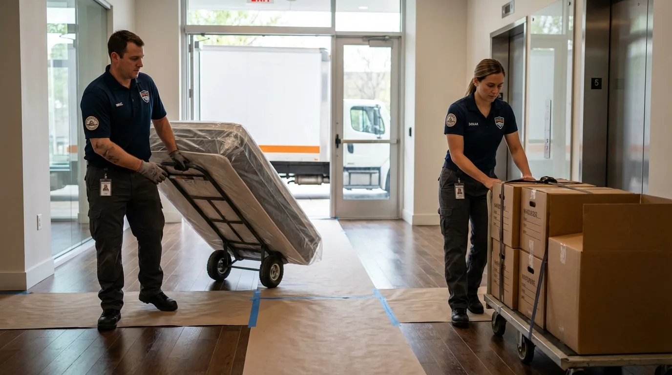 Professional apartment movers loading elevator in Chester, IL
